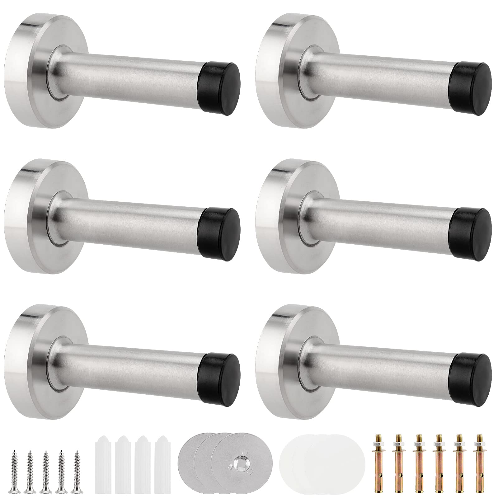 ZOENHOU 6 PCS 80mm Door Stop, Wall Mounted Heavy Duty Stainless Steel Door Stopper with Rubber Tips and Mounting Hradware for Home, Office, Silver