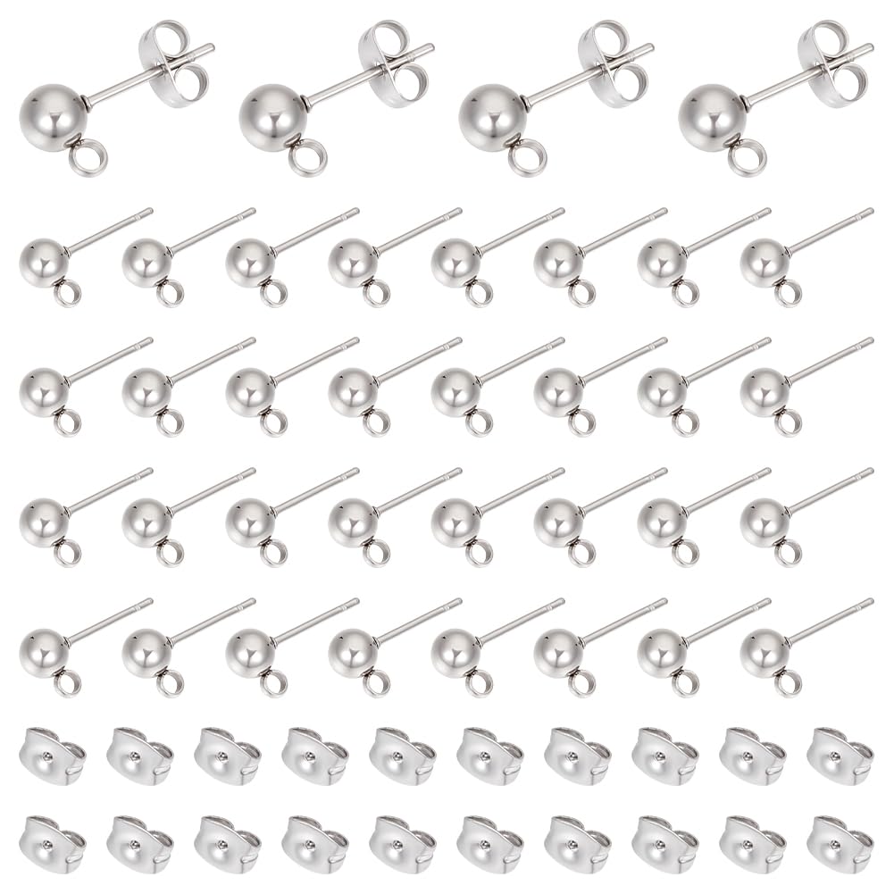 UNICRAFTALE 50pcs 304 Stainless Steel Ball Stud Earring Findings Ball Earring Posts with Loop Stud Earring with Ear Nut Metal Earring Components for Jewelry Making Pin 0.8mm