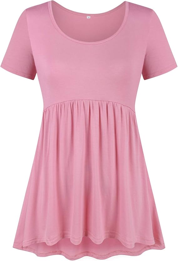 ZKHOECR Baby Doll Tops for Women Feminine Boat Collar Short Sleeve Loose Fit Flowy Flare Pleated