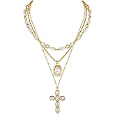 WOWORAMA Layered Pearl Cross Necklaces for Women Stackable Multi Pearl Strand Necklace Dainty Vintage Cross Pearls Necklaces Trendy Gold Jewelry