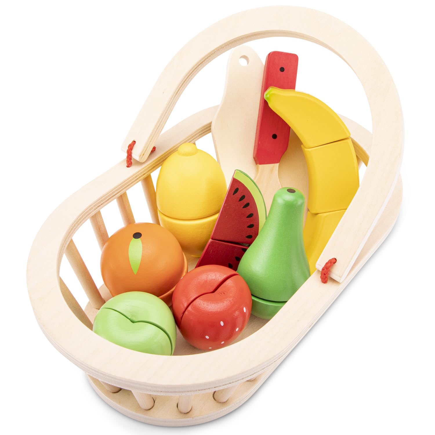 Woet® Wooden Cutting Fruit Basket Toy with Knife and Cutting Board, Sliceable Play Food, Carry Basket Kitchen Accessories for Kids, Educational Role Play, Age 2 Years +
