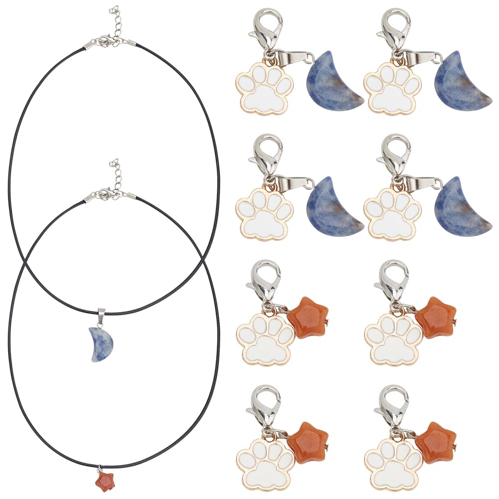 DELORIGIN 2 Sets Paw Print Alloy Necklace Pendant Dog Paw Pet Necklace Charms Star Moon Gemstone Pet Pendants Waxed Cotton Rope Pet Memorial Necklace for Dog Animal Lovers Pet Dog Cat Decorations