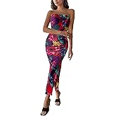 Women's Tube Top Maxi Dresses Printed Tie Dye Strapless Bodycon Long Dress Split Side Sleeveless Party Elegant Outfits