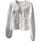 GORGLITTER Women's Lace Collared Shirt Dressy Casual Bishop Long Sleeve Button Down Boho Cute Peasant Blouses Tops