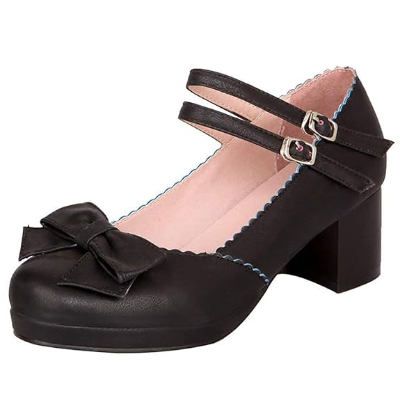 Kittcatt Damen Chunky Heels Mary Jane Pumps Blockabsatz mit Schleife Lolita Cosplay Schuhe
