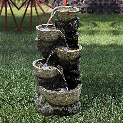PeterIvan Outdoor Water Fountain - 32" H 5 Urns Falling Water Indoor Outdoor Fountain with Lights | Resin Fiberglass Freestanding Waterfall Fountains Features Calming&Relaxing Water Sounds