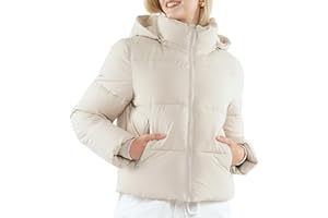 PUFFIT Women's Cropped Puffer Jackets,Warm Winter Jacket with Removable Hood,Zipped Pockets,Short Ladies Quilted Coat