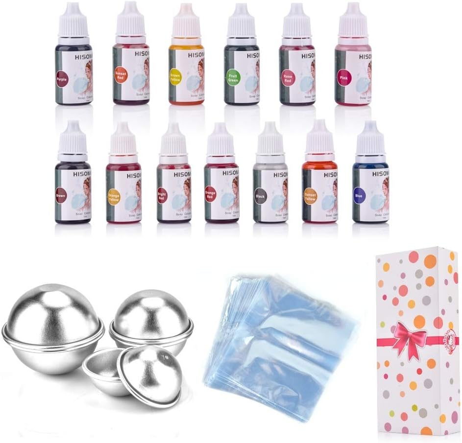 AUSHEN Bath Bomb Mold DIY Bath Soap Bomb 13 Colour Soap Dyes 3 Size Metal Bath Bomb Mould Set Soap Colourant Soap Dyes for DIY Bath Soap Making Gift Kit