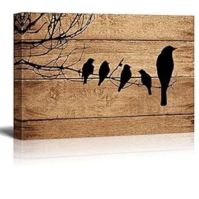 Canvas Prints Wall Art - Artistic Birds on Branch on Vintage Wood Background - 12" x 18"