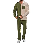 LecGee Mens 2 Piece Color Block Outfits Casual Long Sleeve Color Block Shirts and Pants Matching Set Sweatsuit