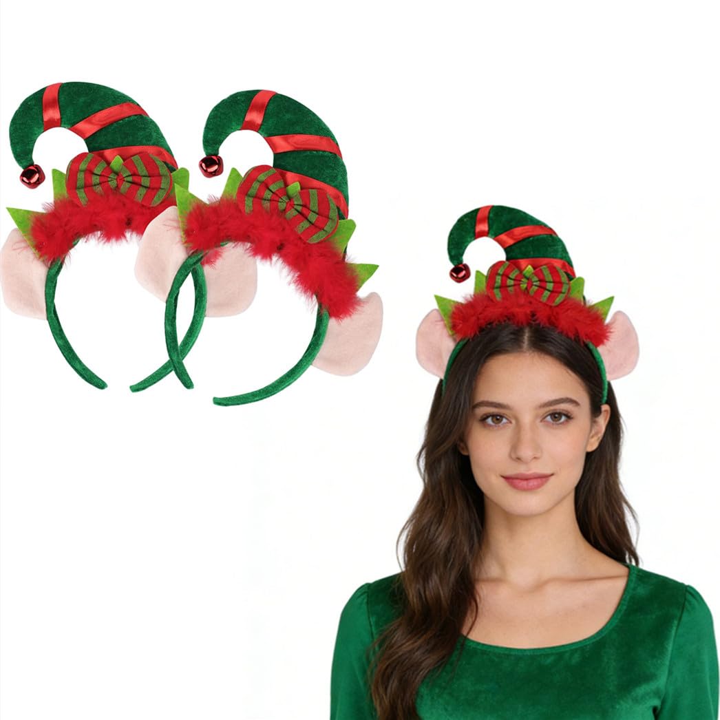 ITODA 2Pcs Christmas Mini Elf Headband Novelty Xmas Pointed Hat Hair Band Christmas Elf Hat Bopper Hair Hoop Fancy Dress Party Headpiece Headwear for Adults