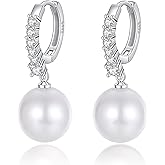 Pearl Earrings for Women 18K Gold Plated/Silver Hypoallergenic Dainty Elegant 12mm Simulated Shell Pearl Drop Dangle Earrings 5A Cubic Zirconia Small Hoop Earrings Wedding Jewelry Gifts (Silver)