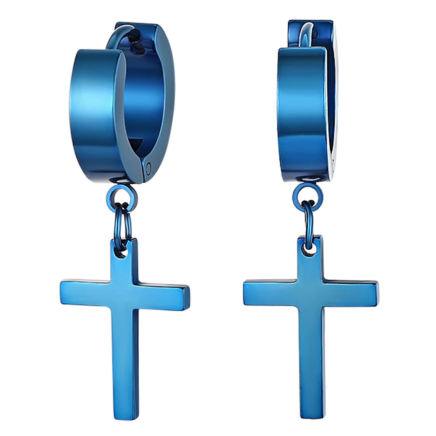 JewelryWe Men Women's Stainless Steel Cross Dangling Huggie Hinged Hoop Earrings Set,Blue