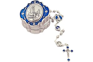 VILLAGE GIFT IMPORTERS Mini Rosary Gift Set | Over 15 Subjects and Styles | Large Case | Colored Enamel Accents | Christian Jewelry (Our Lady Fatima - Blue Enamel)