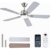 FUMLTP 52inch Ceiling Fans with Lights and Remote/App Control, Double-Side Blades, Dimmable LED, Reversible DC Motor, Noiseless, Modern Low Profile Ceiling Fan for Indoor/Outdoor Use (Nickel)