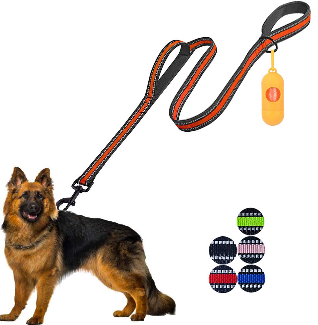 JSXD Heavy Duty Double Handle Dog Leash - 5 FT with Padded, Reflective Rope for Small to Large Dogs (Wide-Orange)