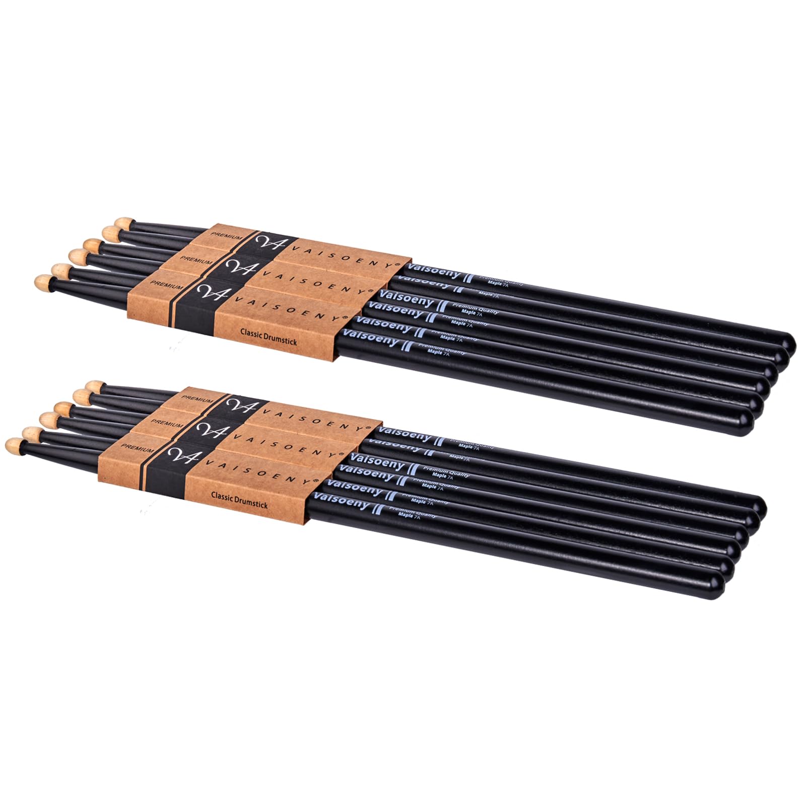 Vaisoeny Drum Sticks, Drum Sticks 7A Lacquered Classic Hard Maple Wood, 6 Pair Drumsticks for Kids and Adult, Professional Musical Instrument Percussion Accessories (Black)