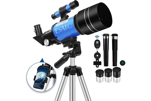 ESAKO Telescope for Kids & Beginners, 70mm Aperture Portable Telescopes with 3 Eyepieces, Height Adjustable Tripod & Phone Adapter & Remote Control Gift for Christmas
