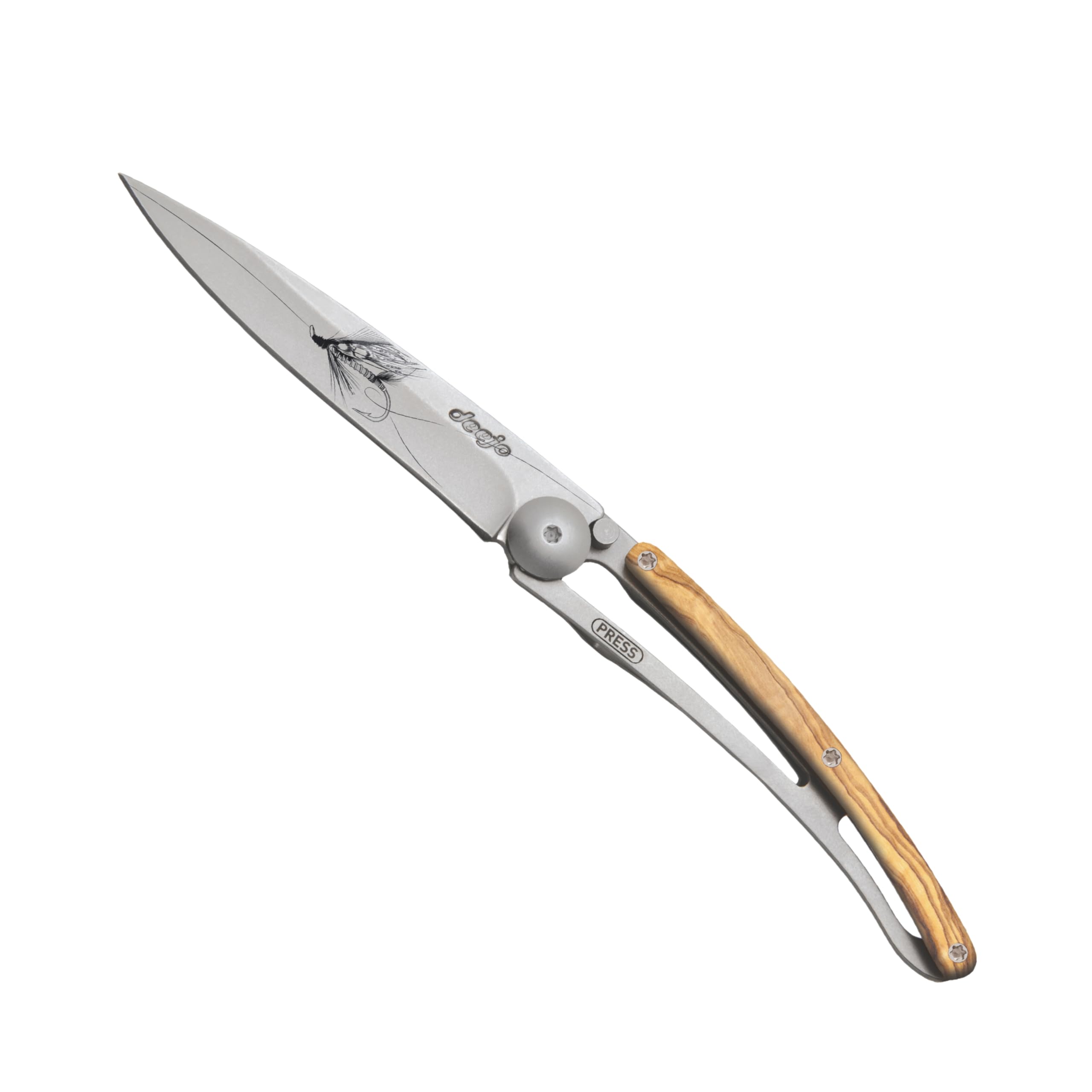 deejo – Klappbares Taschenmesser 27 g mit Gürtelclip – Griff aus Olivenholz, Klinge aus Edelstahl Z40C13 – Motiv Silver Wilkinson – Tischmesser, Wandern, Camping, Biwak 2