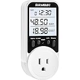 Suraielec Watt Meter, Plug-in Socket Power Meter, 90V-250V Wide Range, Backlit Large Display, Auto Cost Calculator, Overload 