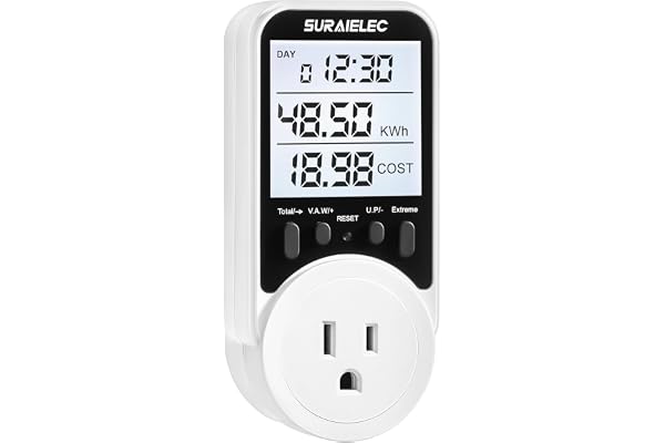 Suraielec Watt Meter, Plug-in Socket Power Meter, 90V-250V Wide Range, Backlit Large Display, Auto Cost Calculator, Overload