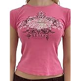 Xineicy Crop Tops for Women Short Sleeve Crew Neck 2000s Graphic Baby Tees Vintage Grunge Y2k Shirts