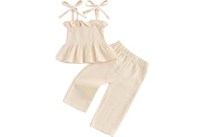 VISGOGO Infant Baby Toddler Girls Clothes Solid Color Sleeveless Camisole Linen Pants Set Baby Summer Outfits