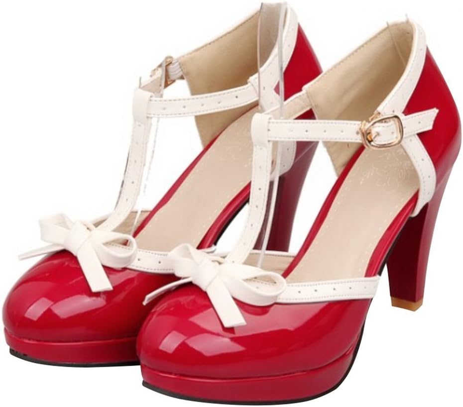 Milesline Sweet Women's Round Toe High Heel Shoes Bow T-Strap Mary Jane Pumps