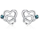 AOBOCO Nurse Earrings 925 Sterling Silver Stethoscope Studs Earrings Simulated 12 Months Birthstone Crystal from Austria, Graduation Jewelry Gifts for Nurse Doctor RN Medical Student