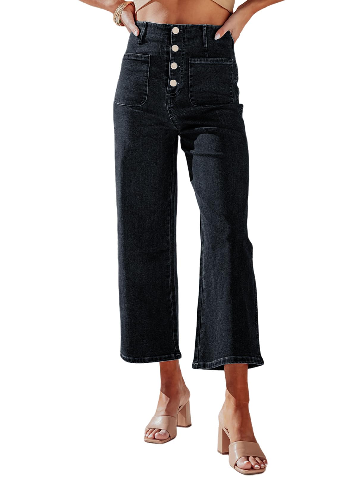 Photo 1 of Sidefeel Women's Wide Leg Jeans High Waisted Stretchy Straight Leg Jeans Buttoned Loose Denim Pants with Pocket Black Size 12