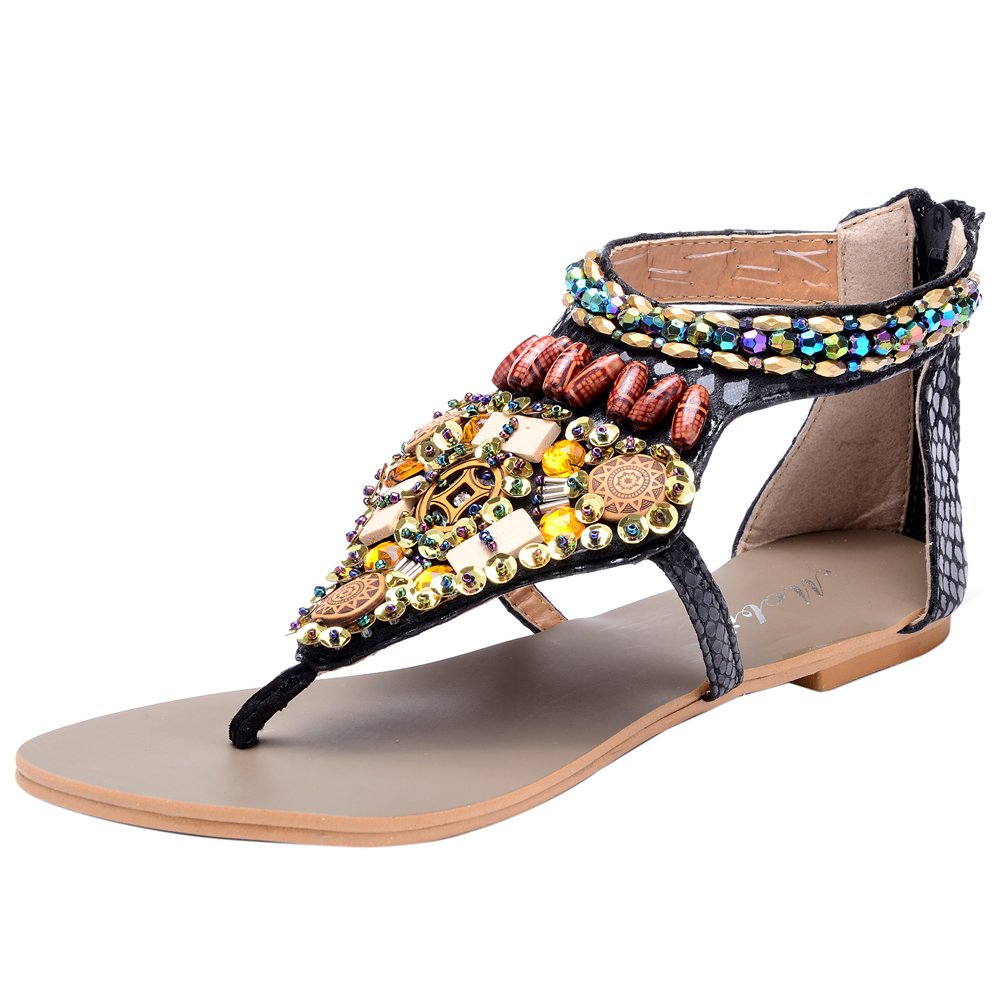 Odema Summer Bohemian Colorful Beaded Snake Pattern Flat Womens Beach Thong S. Black