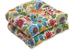 Pillow Perfect Bright Floral Indoor/Outdoor Chair Seat Cushion Tufted, Weather, and Fade Resistant, 19" x 19", Blue/Purple Gregoire 2 Count