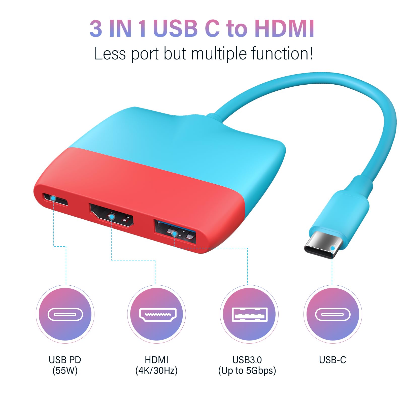 Battony USB C to HDTV Adapter for Nintendo Switch/Switch OLED/MacBook Pro Air/iPad Pro/Android Phone, USB3.0 5GBps Date Transfer, USBC to 4K HDTV Output Multiport AV Converter Adaptor for Switch