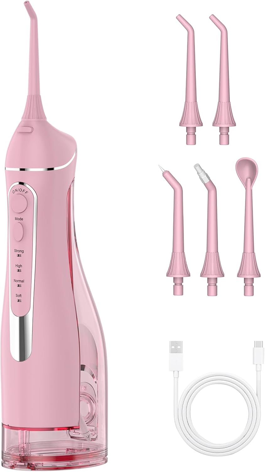 Water Flosser for Teeth Cleaning: Cordless Portable Water Dental Pick, 4 Modes Rechargeable Oral Irrigator with 5 Nozzles, 300ML IPX7 Waterproof Electric Flossers for Braces, Travel & Home Use, Pink