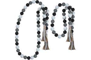 Wood Bead Garland with Tassels,YuanDe 2pcs Farmhouse Rustic Natural Wooden Beads String Jute Rope Plaid Tassel,Prayer Bead Garland for Vase Tiered Tray Wall Home Decor Gift 30"&40”