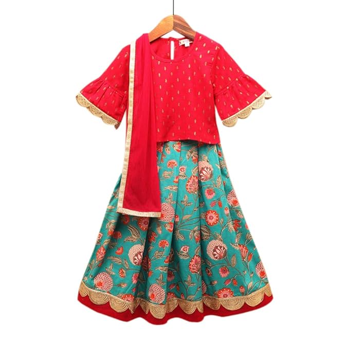 Amber By Hopscotch Girls Cotton Kurti With Floral Lehenga And Dupatta In Multi Color