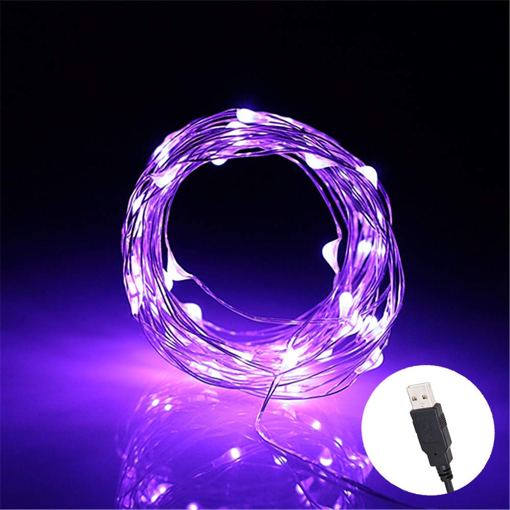 BUYERTIME USB String Lights 5M/16.4ft 50 LEDs, USB Powered Silver Wire Micro Fairy Lights for Indoor Bedroom Wedding Christmas Party Decoration (Purple)