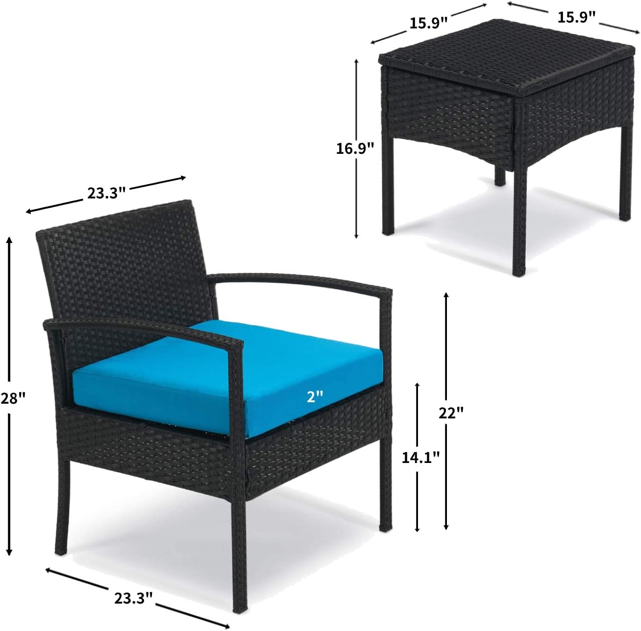 Leasbar Outdoor Chairs Set Bistro Set 3 Pieces Patio Conversation Set Furniture Set for Small Balcony Rattan Chairs and Table with Cushions Blue: Garden & Outdoor
