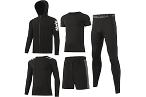 BUYJYA UYJYA 5Pcs Men's T Shirts Workout Long Sleeve Athletic Zip Pocket Shorts Jackets Compression Pants Gym Clothes Running