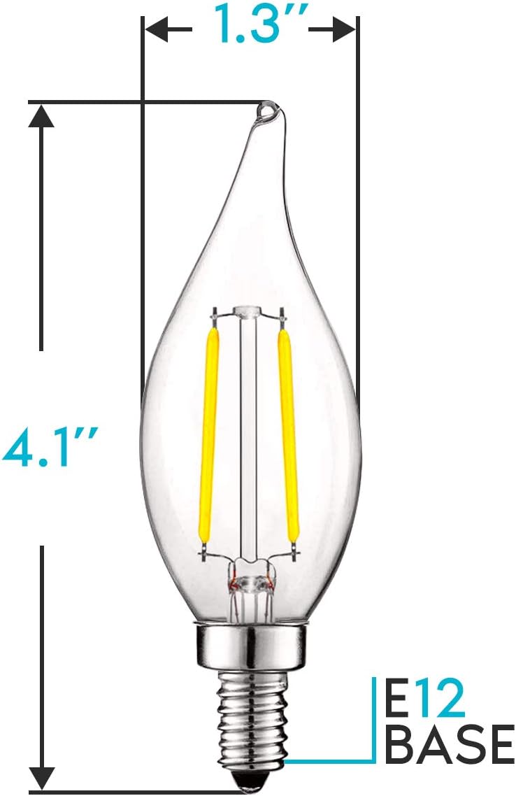Luxrite 4W Vintage Candelabra LED Bulbs Dimmable, 400 Lumens, 5000K Bright White, LED Chandelier Light Bulbs 40W Equivalent, Flame Clear Glass, Filament LED Candle Bulb, UL Listed, E12 Base (12 Pack) - - 