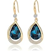 Austrian Crystal Halo Teardrop Hollow Drop Dangle Earrings for Women 14K Rose Gold Plated Hypoallergenic Jewelry Gifts