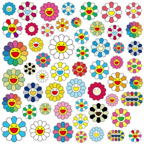 WOA Takashi Murakami - Rainbow Sunflower - Vinyl Finish Die Cut Stickers Decals for Laptops Phones Phone Case Consoles Walls Luggage Case Books (50 Stickers), Multicolor, 3-7cm
