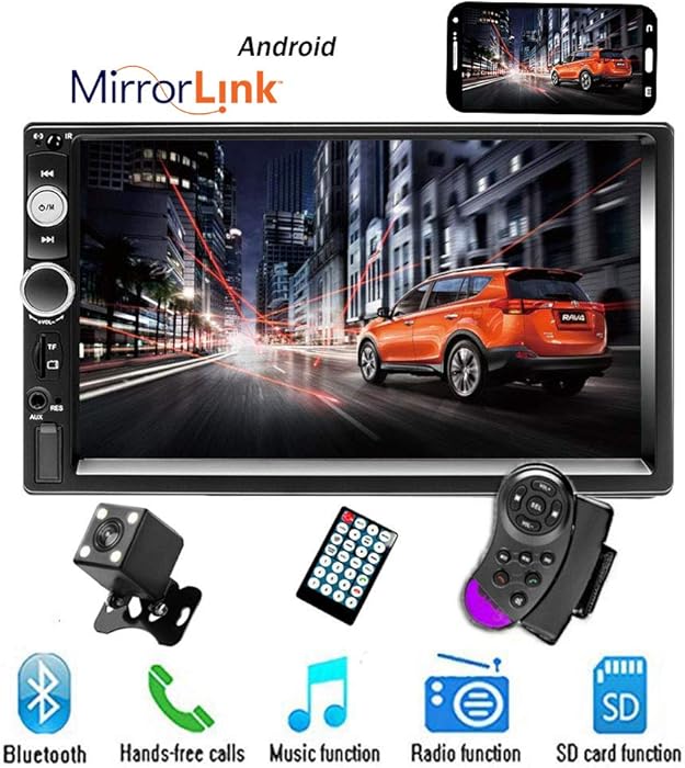 CAMECHO 7" Double Din Car Stereo Audio Bluetooth MP5 Player USB FM Multimedia Radio+ 4 LED Mini Backup Camera with Steering Wheel Remote Support Mobile Phone Synchronization (Only Used in Android)