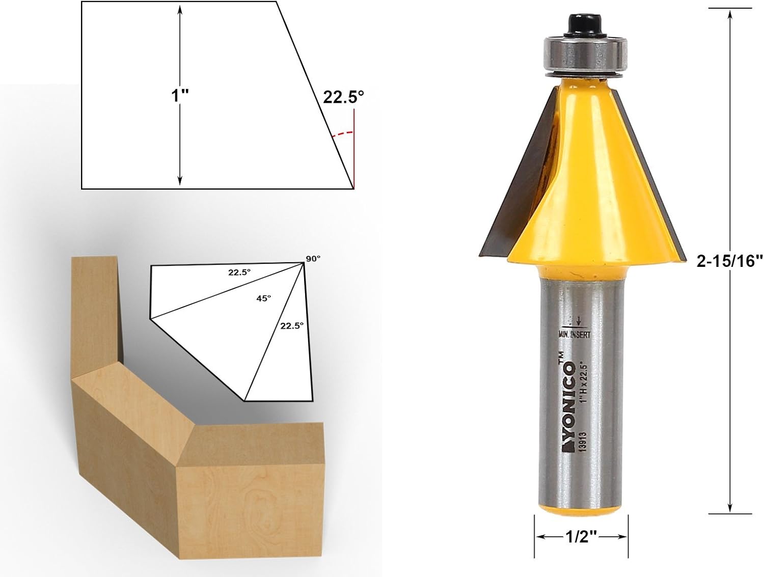 Yonico 13508 5 Bit Chamfer Edge Forming Router Bit Set 1/2-Inch Shank, 1.7 polegadas - Image 5