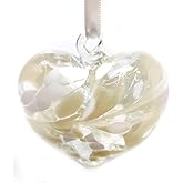 Decorvo White Blown Glass Heart Ornament - April Birthstone Small 3 inch Handmade Hanging Heart Home Décor