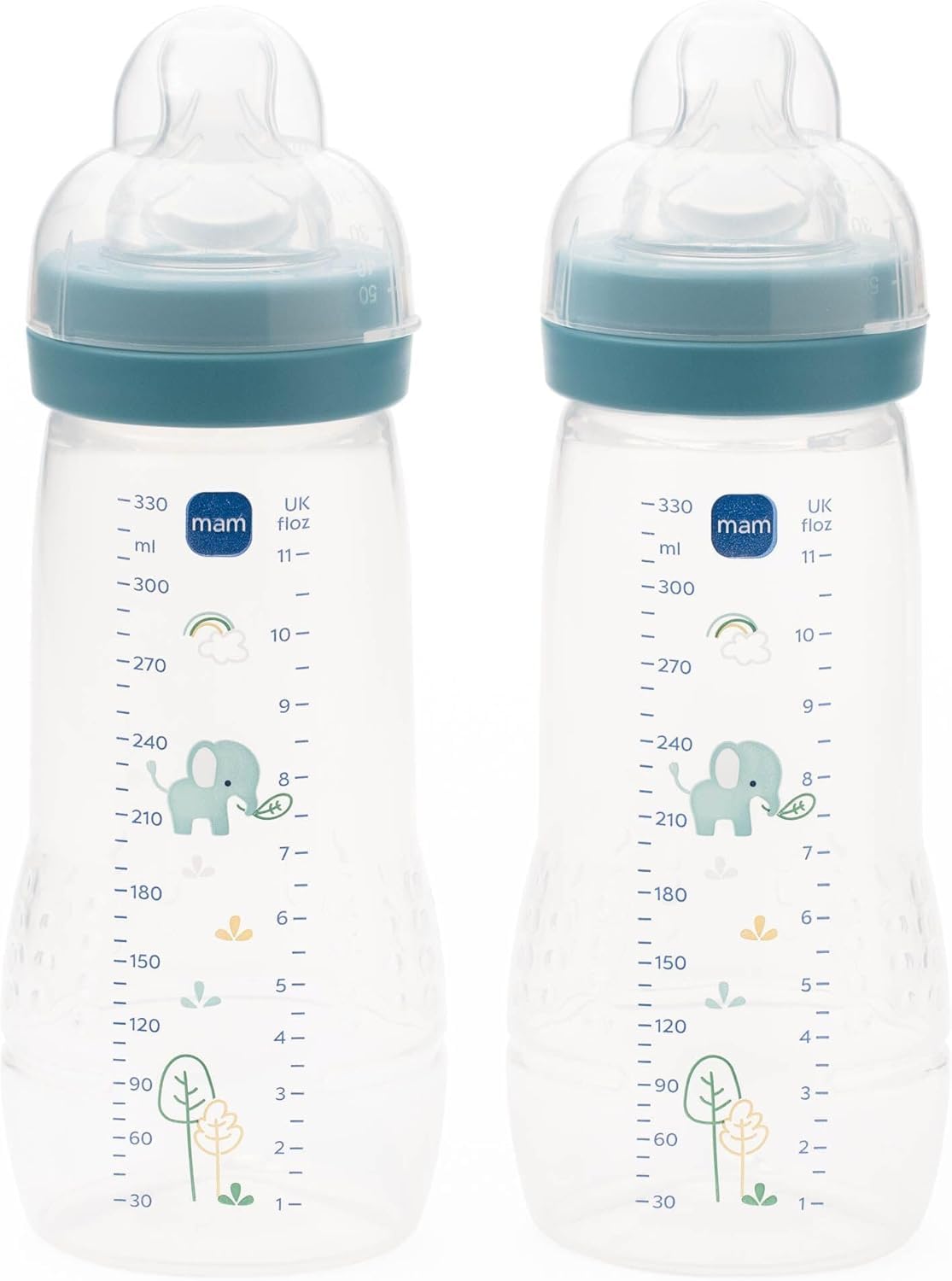 MAM Easy Active Baby Bottle with Fast Flow MAM Teats Size 3, Twin Pack, Baby Feeding, 330 ml, Blue (Designs May Vary)