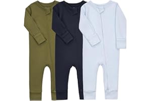 Aablexema Baby Cotton Fooltess Pajamas with Mitten, 3-pack Infant Romper Zip Up One Piece Jumpsuits Outfit