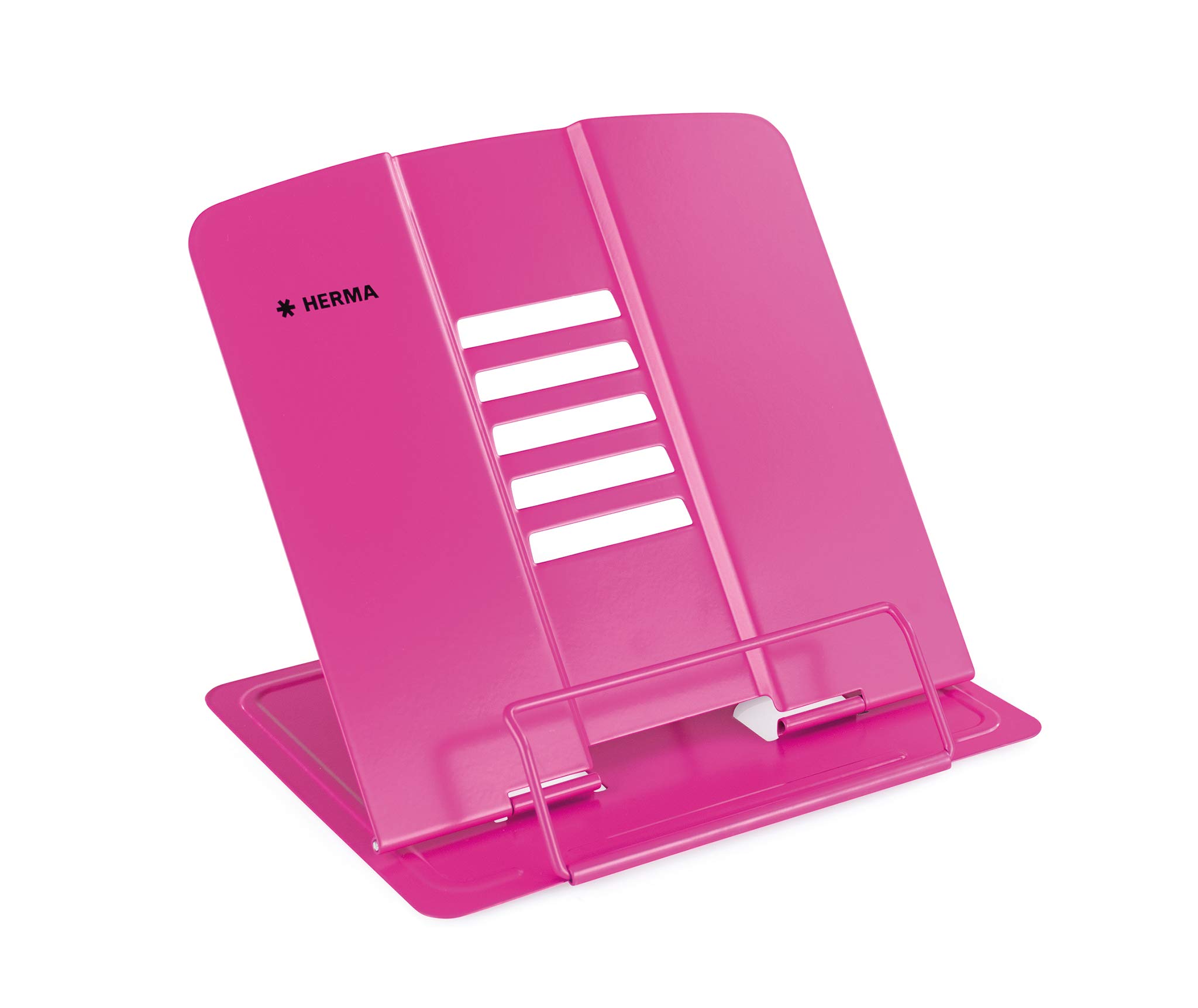 HERMA Metal Book Stand (19.8 x 22.2 x 3.3 cm Folded) Adjustable Anti-Slip Cookbook Holder for Kitchen, School and Office, Reading Rest for Kids, Pink