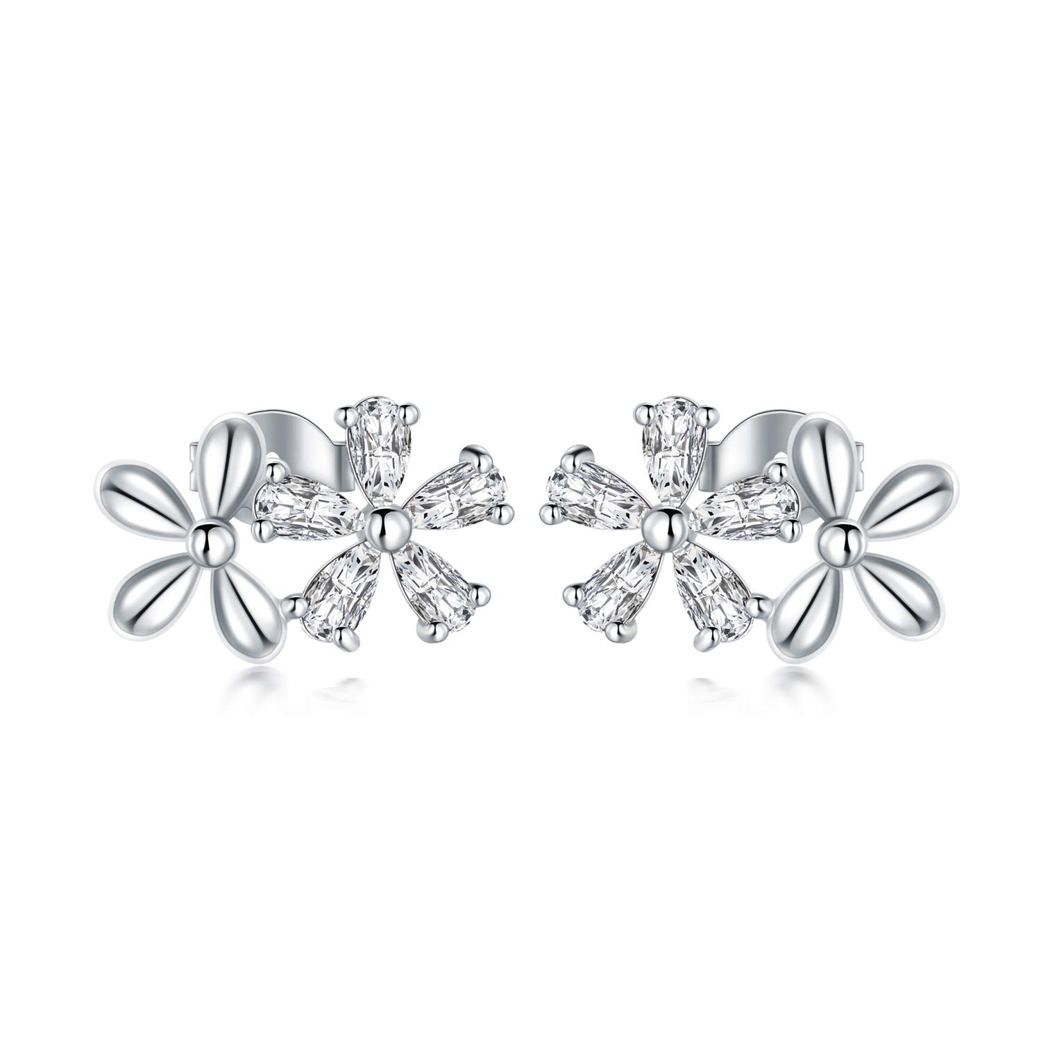 LONAGO Flower Stud Earrings 925 Sterling Silver Cubic Zirconia Flower Earrings Jewelry for Women Daughter (White)