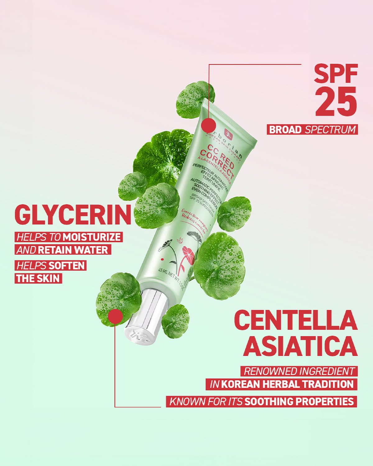 Erborian CC Red Color Correcting SPF 25 Green Pigment Cream, Neutralizes Redness, Calms Skin, Lightweight, Tone‑Perfecting Primer, Korean Skincare